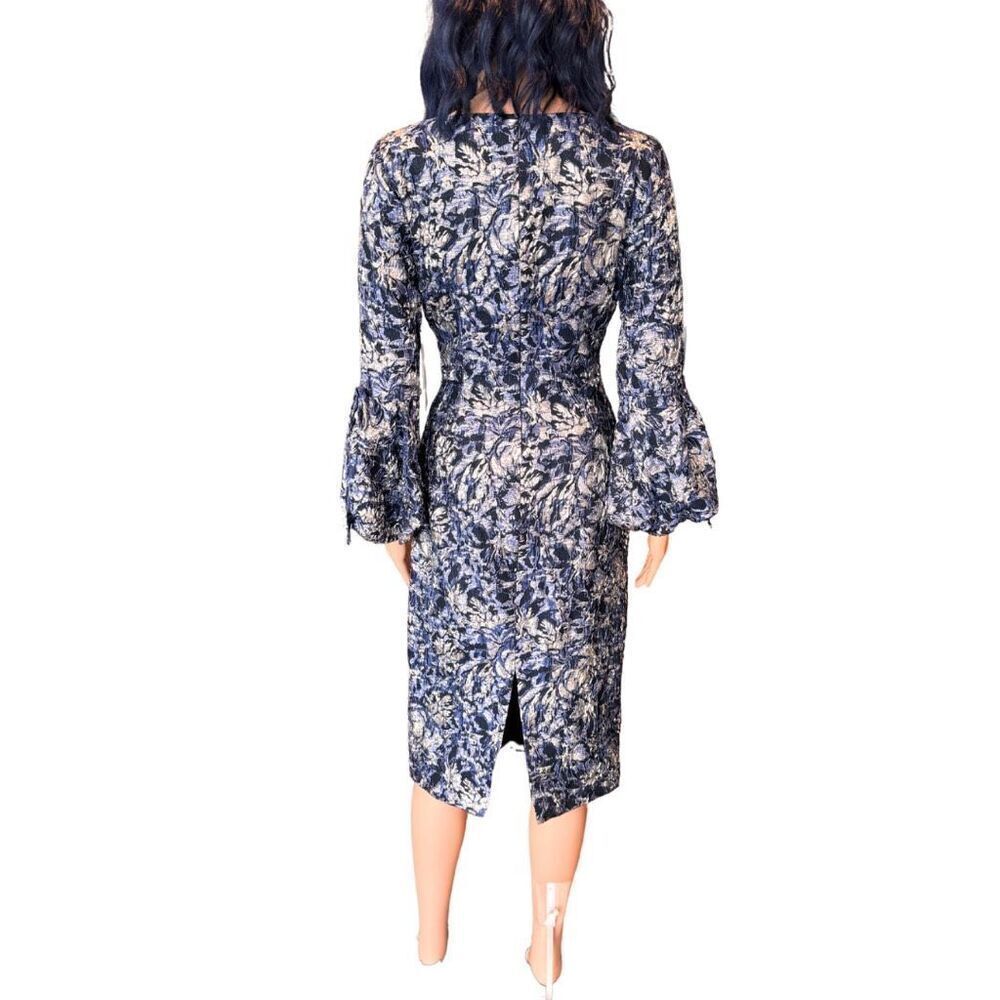 NWT Theia Brocade Dress 4 Navy Square Puff Sleeve Midi Wedding Guest Cocktail - Picture 7 of 9